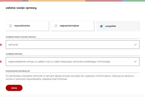 Formularz mBanku do załatwiania spraw. Wybierz "rachunki", a następnie "wypowiedzenie umowy" by dowiedzieć się, jak zamknąć konto w mbanku.