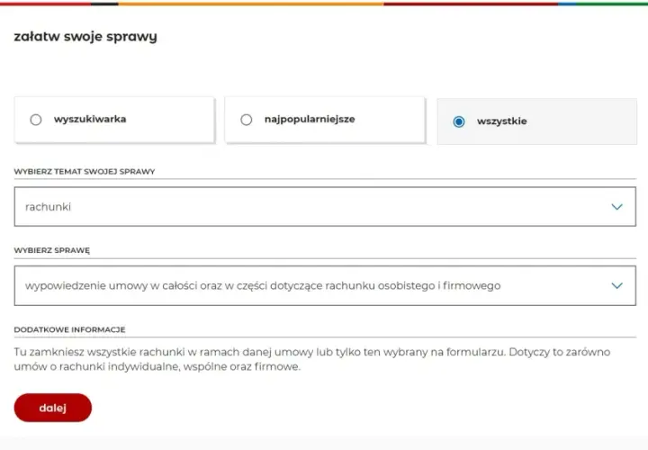 Formularz mBanku do załatwiania spraw. Wybierz "rachunki", a następnie "wypowiedzenie umowy" by dowiedzieć się, jak zamknąć konto w mbanku.
