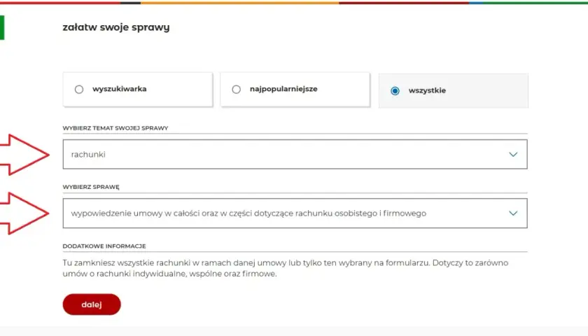 Formularz mBanku do załatwiania spraw. Wybierz "rachunki", a następnie "wypowiedzenie umowy" by dowiedzieć się, jak zamknąć konto w mbanku.