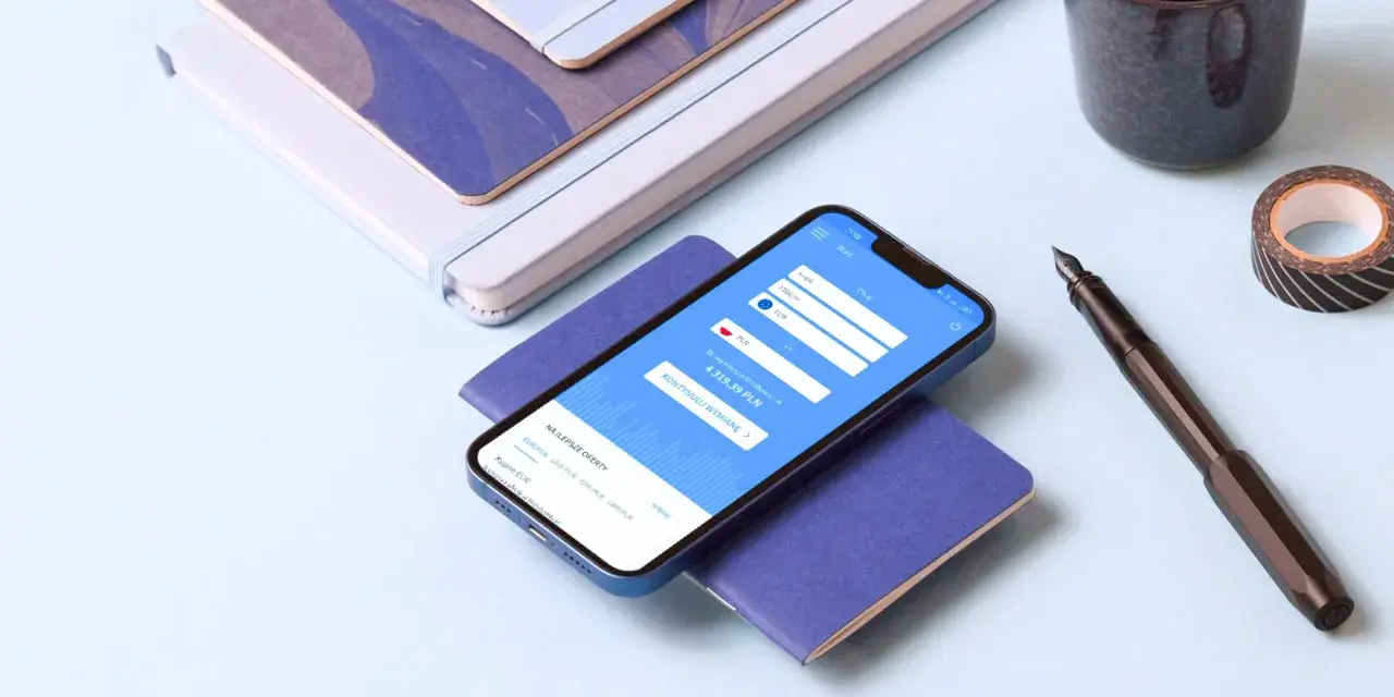 Smartfon z aplikacją do wymiany walut HKD na PLN, obok pióro i notatniki.