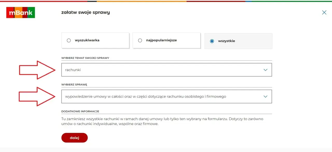 Formularz mBanku do załatwiania spraw. Wybierz "rachunki", a następnie "wypowiedzenie umowy" by dowiedzieć się, jak zamknąć konto w mbanku.